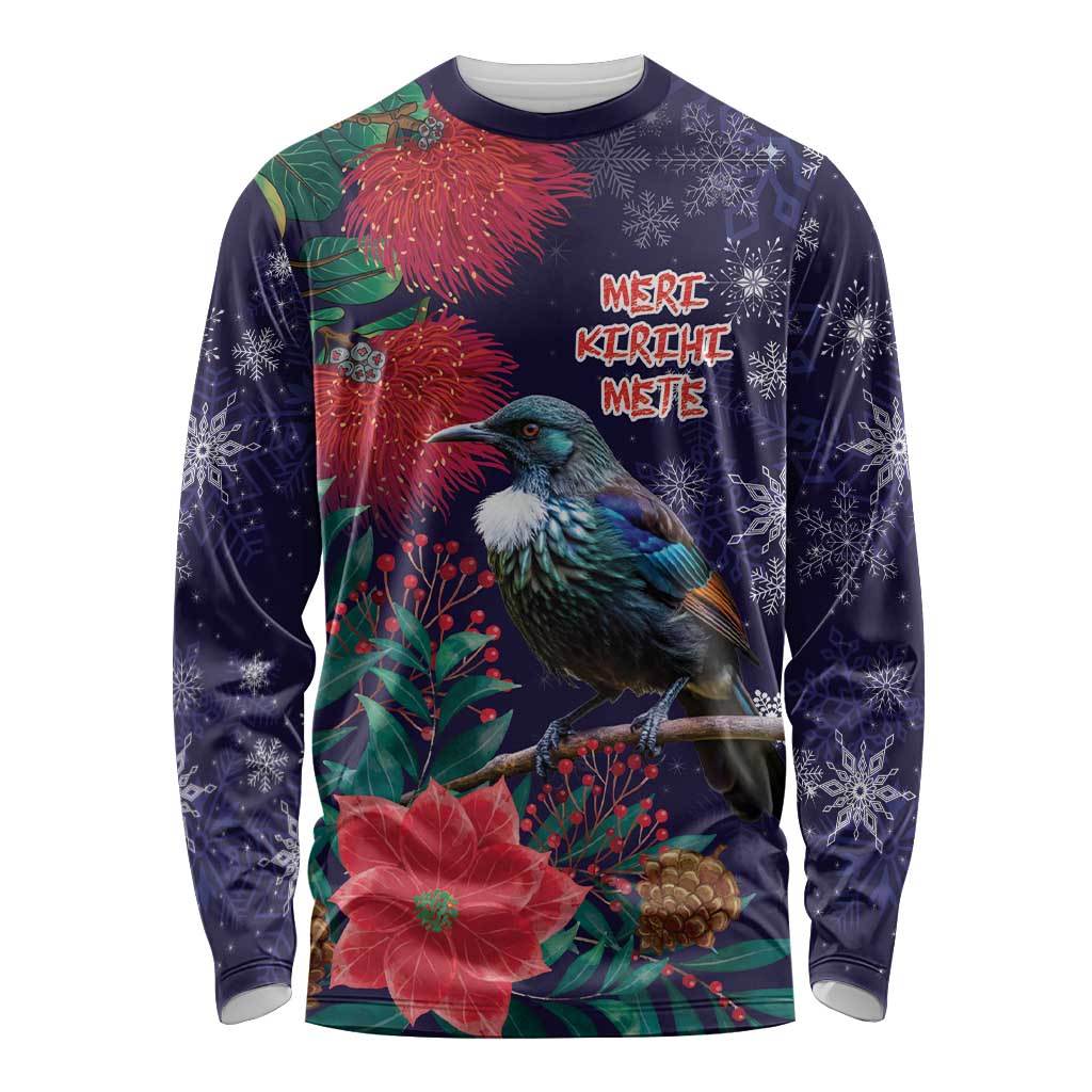 Tui Meri Kirihimete Personalised Long Sleeve Shirt Pohutukawa Flowers Blue Motif - Aussie Hoodie
