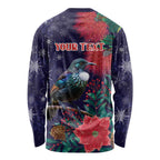 Tui Meri Kirihimete Personalised Long Sleeve Shirt Pohutukawa Flowers Blue Motif - Aussie Hoodie