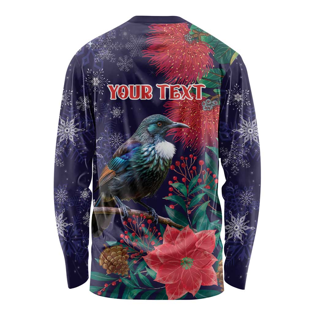 Tui Meri Kirihimete Personalised Long Sleeve Shirt Pohutukawa Flowers Blue Motif - Aussie Hoodie