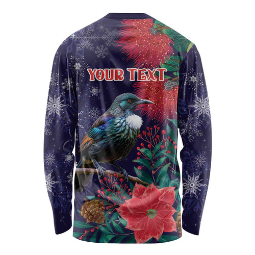 Tui Meri Kirihimete Personalised Long Sleeve Shirt Pohutukawa Flowers Blue Motif - Aussie Hoodie