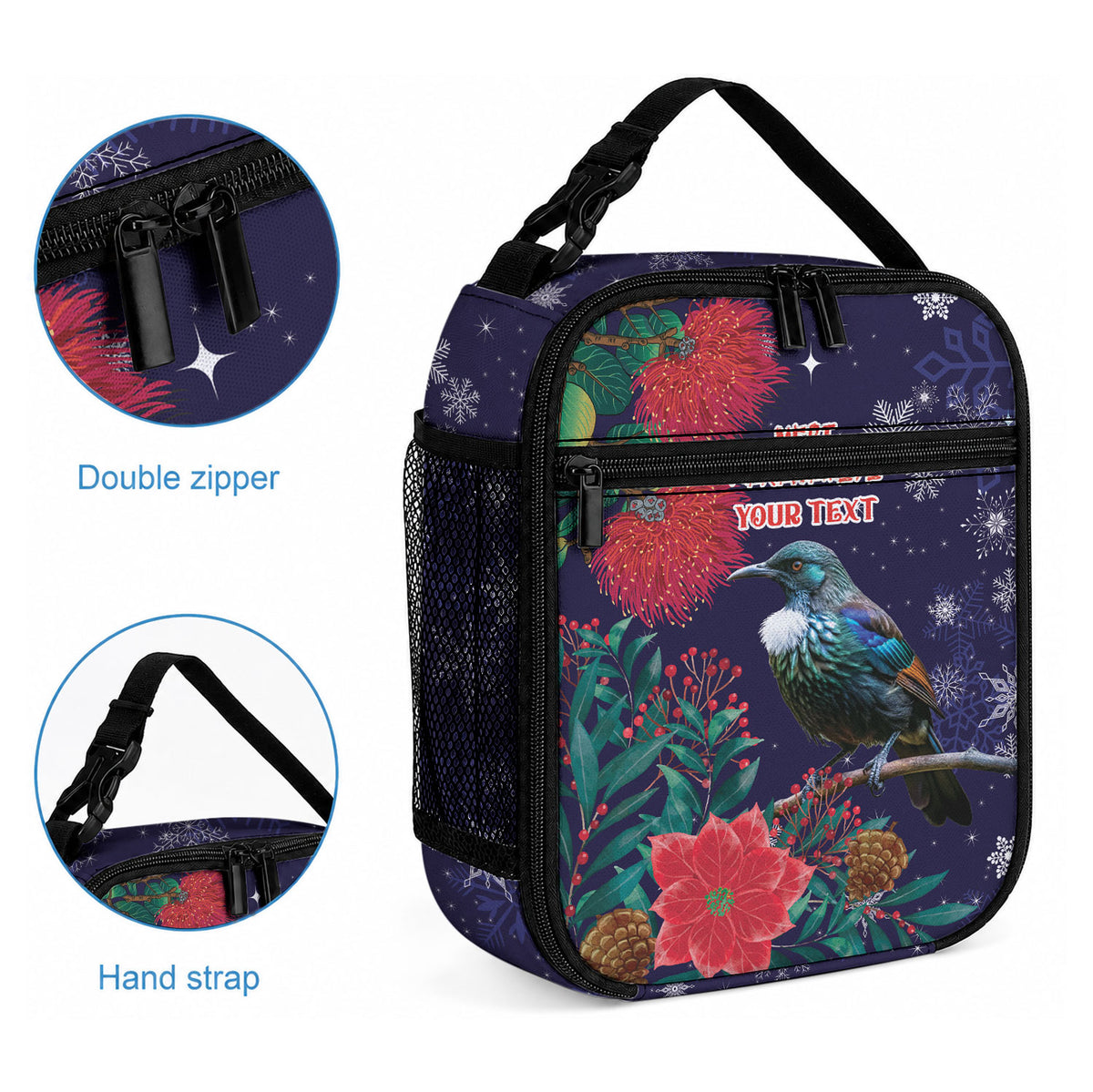 Tui Meri Kirihimete Personalised Lunch Bag Pohutukawa Flowers Blue Motif
