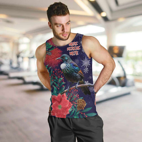 Tui Meri Kirihimete Personalised Men Tank Top Pohutukawa Flowers Blue Motif - Aussie Hoodie
