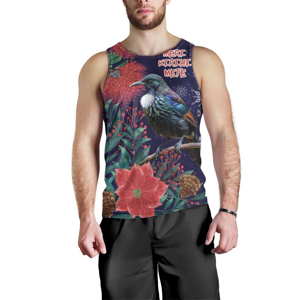 Tui Meri Kirihimete Personalised Men Tank Top Pohutukawa Flowers Blue Motif - Aussie Hoodie