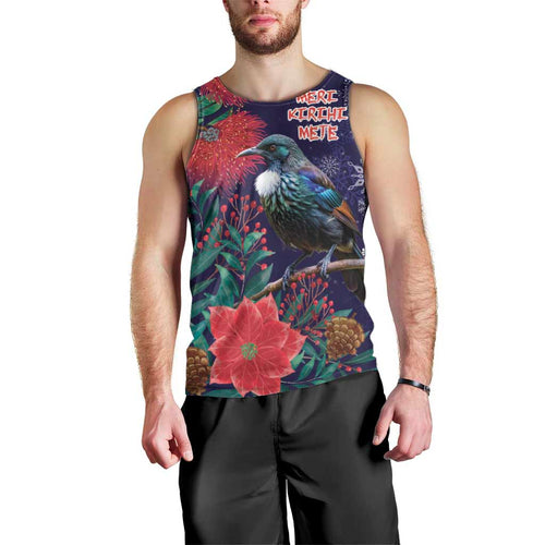 Tui Meri Kirihimete Personalised Men Tank Top Pohutukawa Flowers Blue Motif - Aussie Hoodie