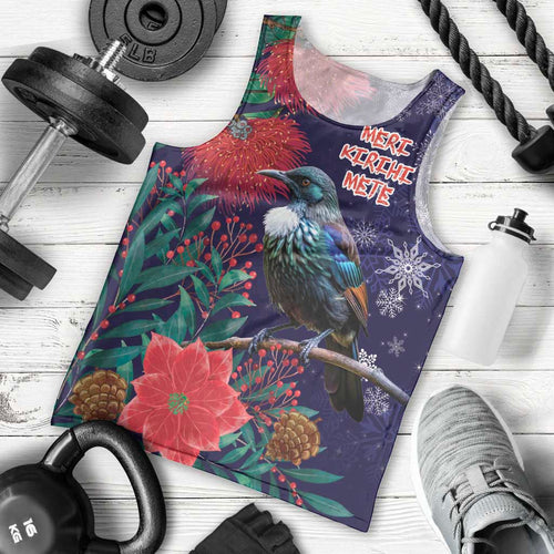 Tui Meri Kirihimete Personalised Men Tank Top Pohutukawa Flowers Blue Motif - Aussie Hoodie