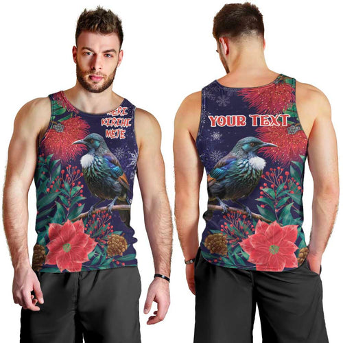 Tui Meri Kirihimete Personalised Men Tank Top Pohutukawa Flowers Blue Motif - Aussie Hoodie