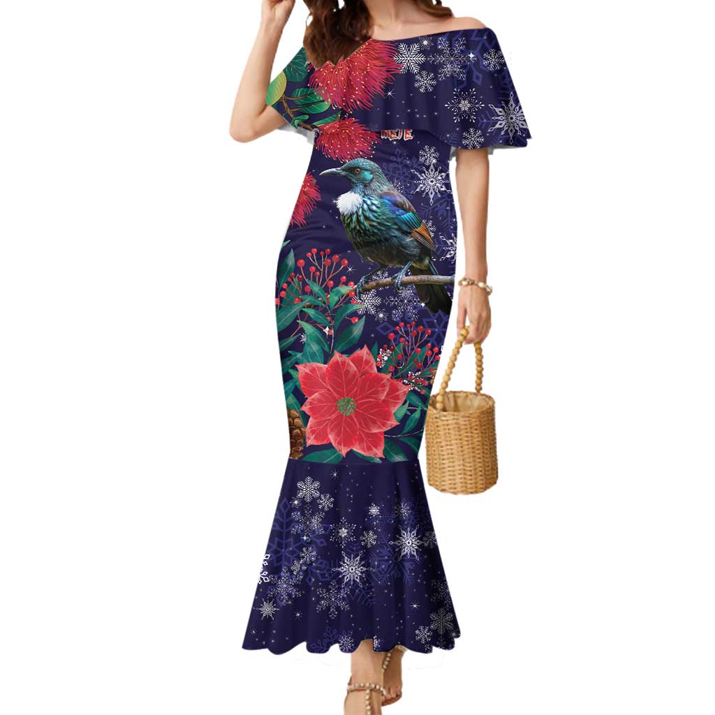 Tui Meri Kirihimete Personalised Mermaid Dress Pohutukawa Flowers Blue Motif - Aussie Hoodie