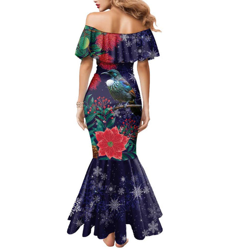 Tui Meri Kirihimete Personalised Mermaid Dress Pohutukawa Flowers Blue Motif - Aussie Hoodie