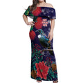Tui Meri Kirihimete Personalised Off Shoulder Maxi Dress Pohutukawa Flowers Blue Motif - Aussie Hoodie
