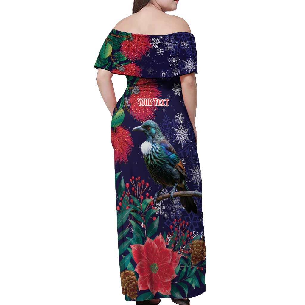 Tui Meri Kirihimete Personalised Off Shoulder Maxi Dress Pohutukawa Flowers Blue Motif - Aussie Hoodie