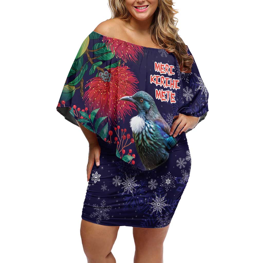 Tui Meri Kirihimete Personalised Off Shoulder Short Dress Pohutukawa Flowers Blue Motif - Aussie Hoodie