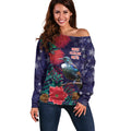 Tui Meri Kirihimete Personalised Off Shoulder Sweater Pohutukawa Flowers Blue Motif - Aussie Hoodie