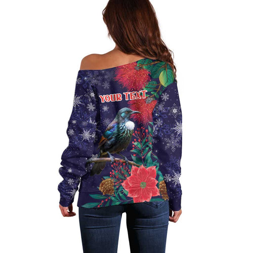 Tui Meri Kirihimete Personalised Off Shoulder Sweater Pohutukawa Flowers Blue Motif - Aussie Hoodie