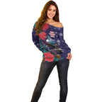 Tui Meri Kirihimete Personalised Off Shoulder Sweater Pohutukawa Flowers Blue Motif - Aussie Hoodie