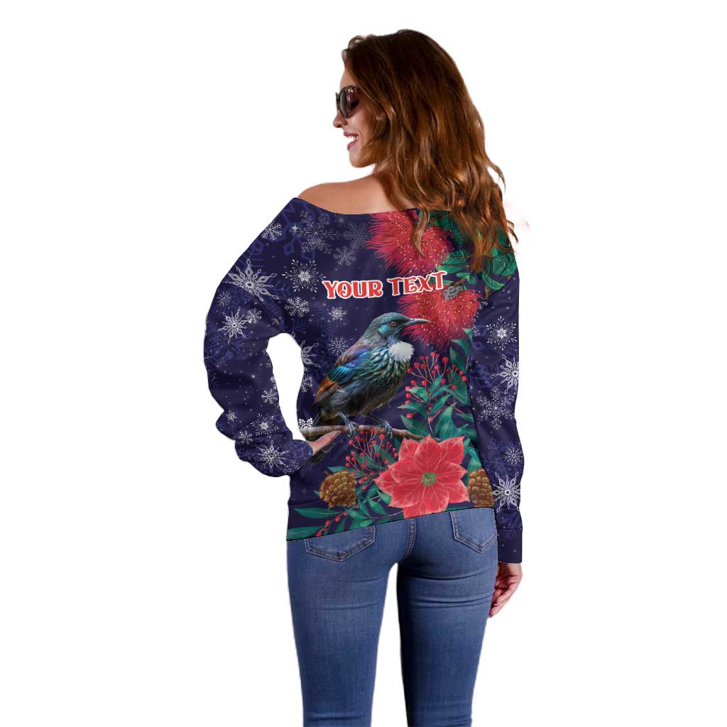 Tui Meri Kirihimete Personalised Off Shoulder Sweater Pohutukawa Flowers Blue Motif - Aussie Hoodie