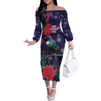 Tui Meri Kirihimete Personalised Off The Shoulder Long Sleeve Dress Pohutukawa Flowers Blue Motif - Aussie Hoodie