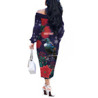 Tui Meri Kirihimete Personalised Off The Shoulder Long Sleeve Dress Pohutukawa Flowers Blue Motif - Aussie Hoodie