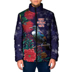 Tui Meri Kirihimete Personalised Padded Jacket Pohutukawa Flowers Blue Motif - Aussie Hoodie