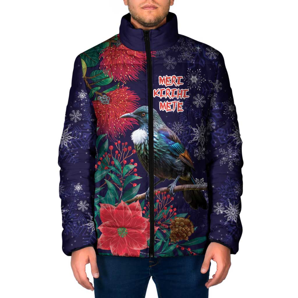 Tui Meri Kirihimete Personalised Padded Jacket Pohutukawa Flowers Blue Motif - Aussie Hoodie