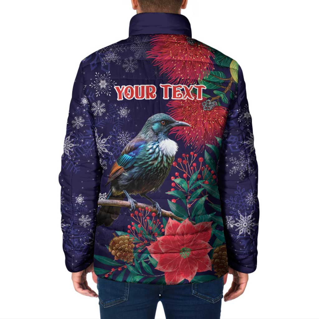 Tui Meri Kirihimete Personalised Padded Jacket Pohutukawa Flowers Blue Motif - Aussie Hoodie