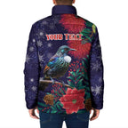 Tui Meri Kirihimete Personalised Padded Jacket Pohutukawa Flowers Blue Motif - Aussie Hoodie