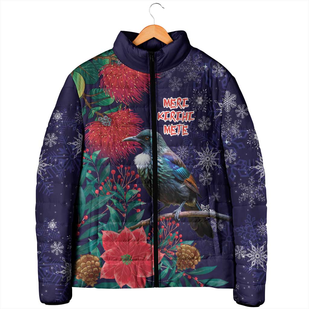 Tui Meri Kirihimete Personalised Padded Jacket Pohutukawa Flowers Blue Motif - Aussie Hoodie