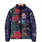 Tui Meri Kirihimete Personalised Padded Jacket Pohutukawa Flowers Blue Motif - Aussie Hoodie