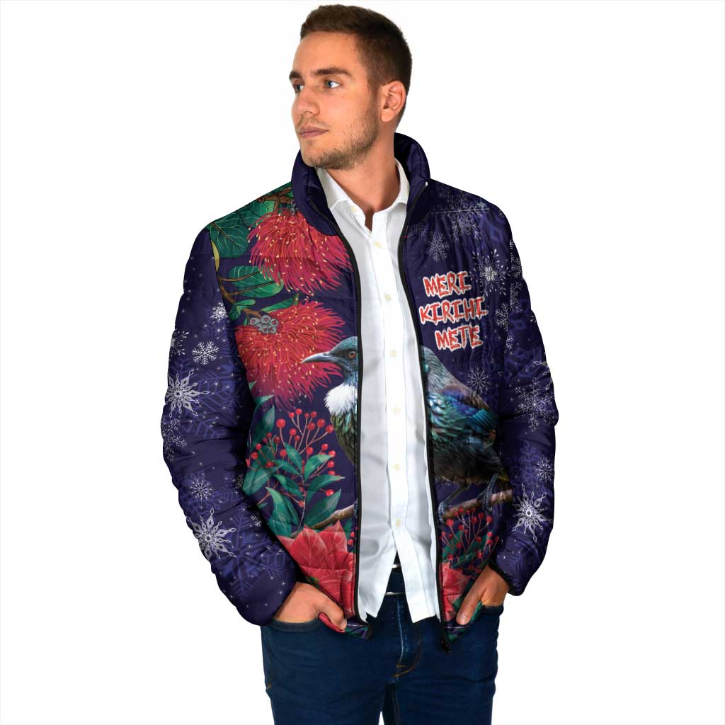 Tui Meri Kirihimete Personalised Padded Jacket Pohutukawa Flowers Blue Motif - Aussie Hoodie