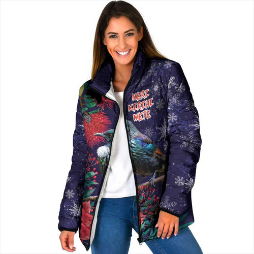 Tui Meri Kirihimete Personalised Padded Jacket Pohutukawa Flowers Blue Motif - Aussie Hoodie
