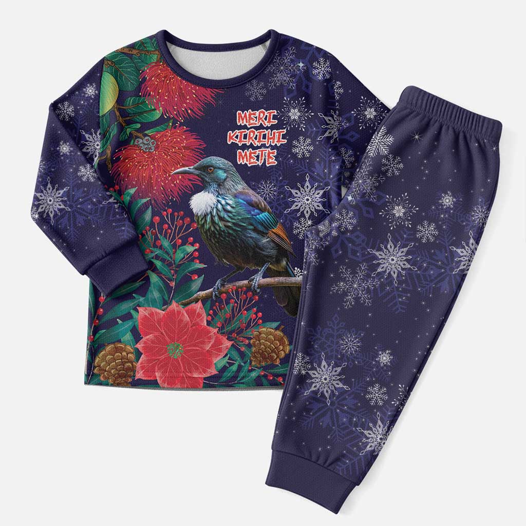 Tui Meri Kirihimete Personalised Christmas Pajama Set Pohutukawa Flowers Blue Motif - Aussie Hoodie