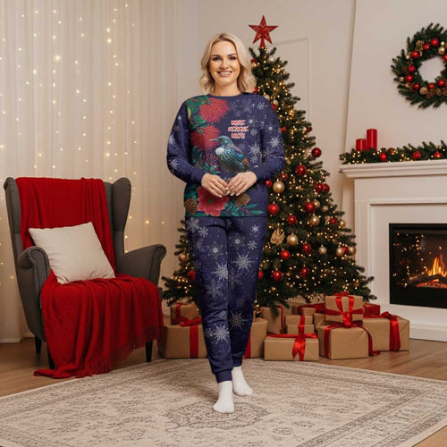 Tui Meri Kirihimete Personalised Christmas Pajama Set Pohutukawa Flowers Blue Motif - Aussie Hoodie