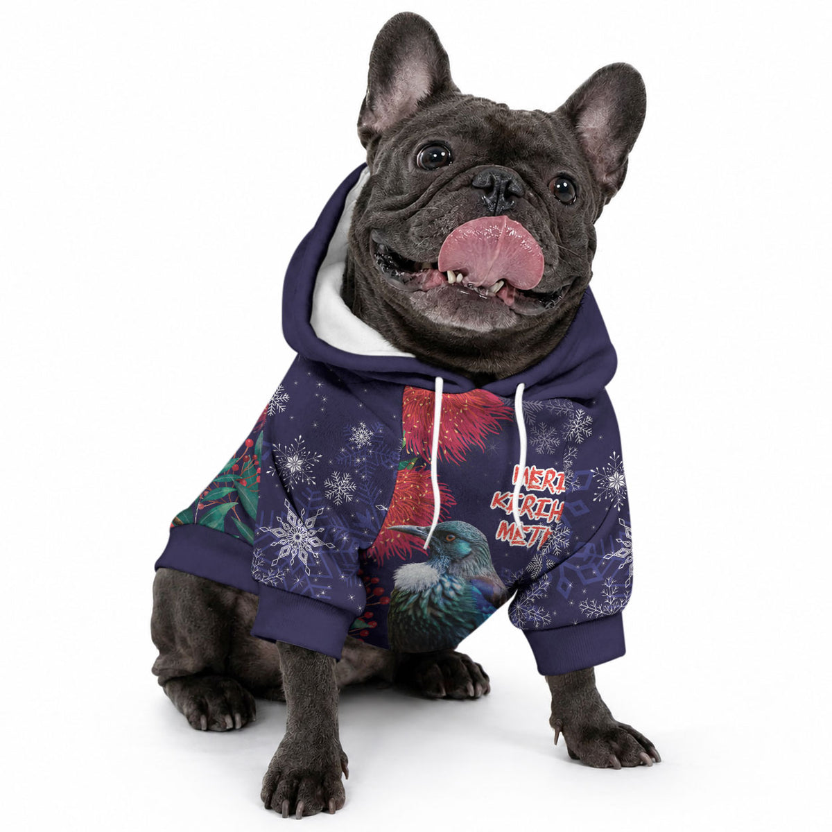 Tui Meri Kirihimete Personalised Pet Hoodie Pohutukawa Flowers Blue Motif
