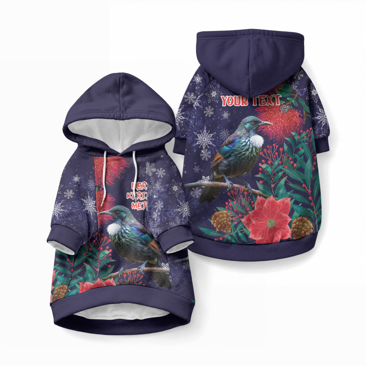 Tui Meri Kirihimete Personalised Pet Hoodie Pohutukawa Flowers Blue Motif