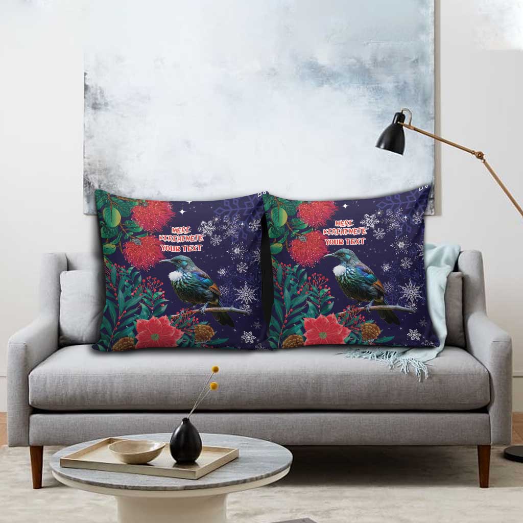 Tui Meri Kirihimete Personalised Pillow Cover Pohutukawa Flowers Blue Motif - Aussie Hoodie
