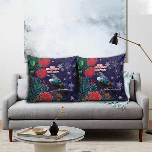Tui Meri Kirihimete Personalised Pillow Cover Pohutukawa Flowers Blue Motif - Aussie Hoodie