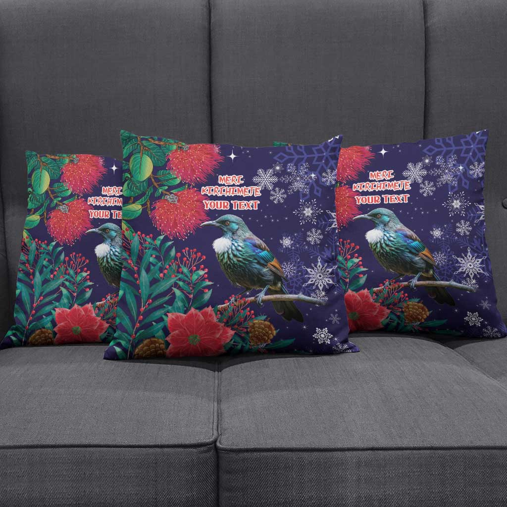 Tui Meri Kirihimete Personalised Pillow Cover Pohutukawa Flowers Blue Motif - Aussie Hoodie