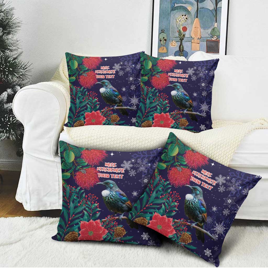 Tui Meri Kirihimete Personalised Pillow Cover Pohutukawa Flowers Blue Motif - Aussie Hoodie