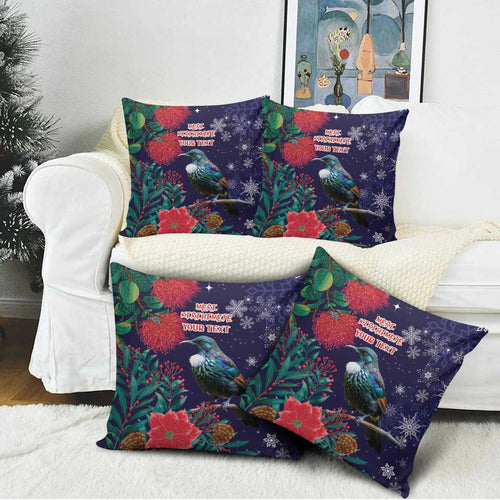 Tui Meri Kirihimete Personalised Pillow Cover Pohutukawa Flowers Blue Motif - Aussie Hoodie