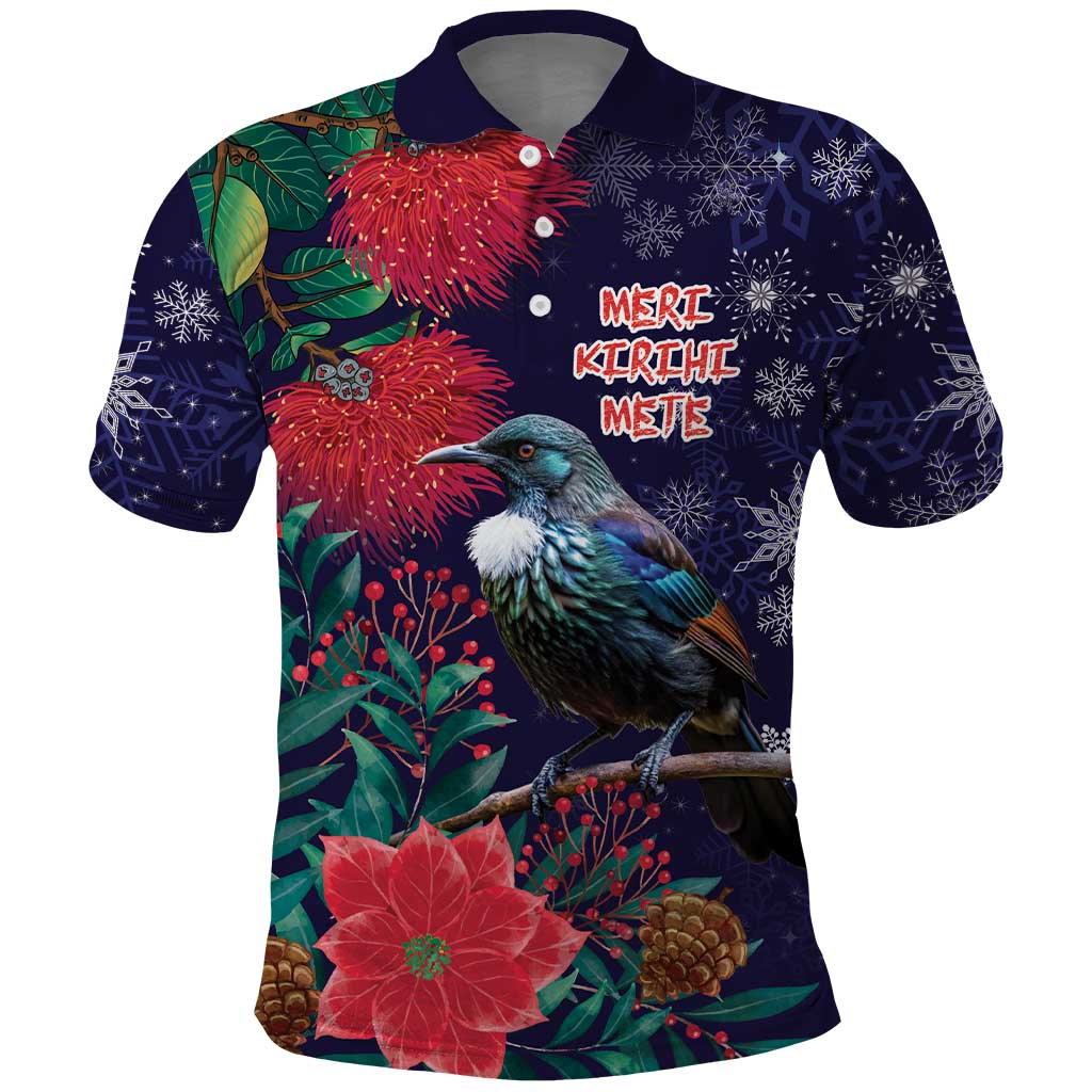 Tui Meri Kirihimete Personalised Polo Shirt Pohutukawa Flowers Blue Motif - Aussie Hoodie