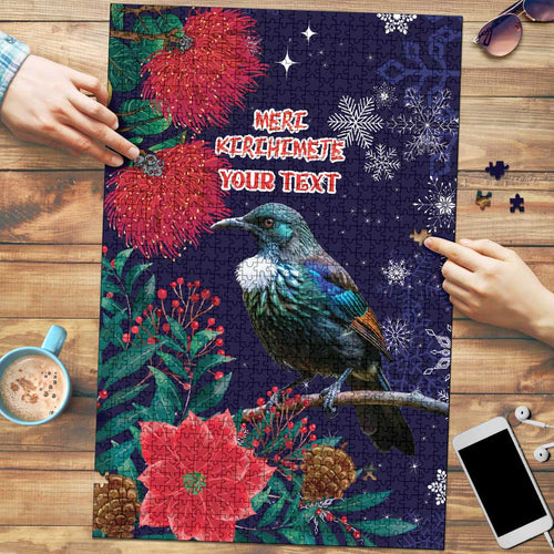 Tui Meri Kirihimete Personalised Puzzle Pohutukawa Flowers Blue Motif - Aussie Hoodie