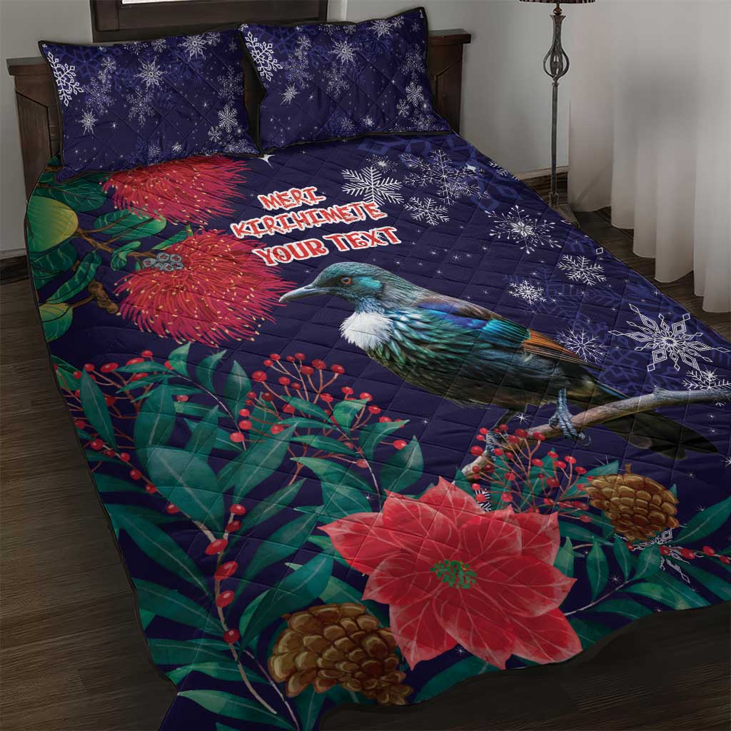 Tui Meri Kirihimete Personalised Quilt Bed Set Pohutukawa Flowers Blue Motif - Aussie Hoodie