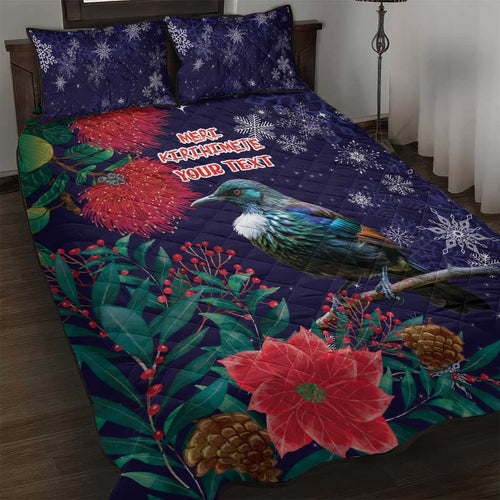 Tui Meri Kirihimete Personalised Quilt Bed Set Pohutukawa Flowers Blue Motif - Aussie Hoodie