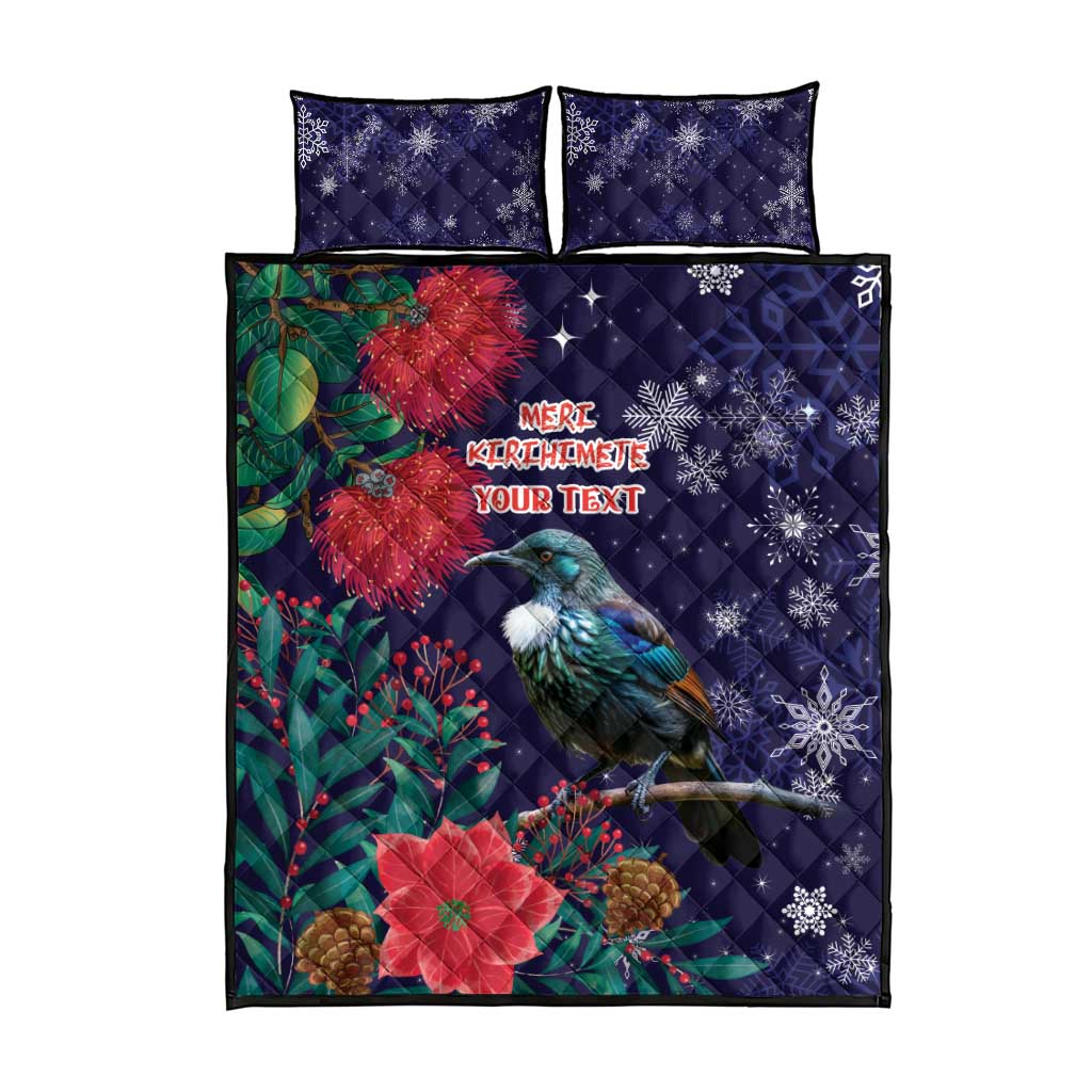 Tui Meri Kirihimete Personalised Quilt Bed Set Pohutukawa Flowers Blue Motif - Aussie Hoodie