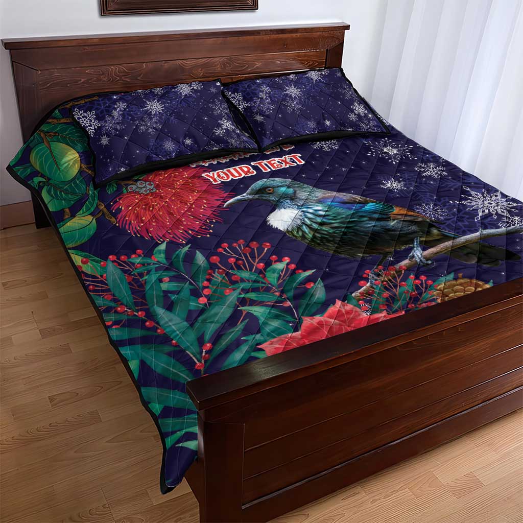 Tui Meri Kirihimete Personalised Quilt Bed Set Pohutukawa Flowers Blue Motif - Aussie Hoodie