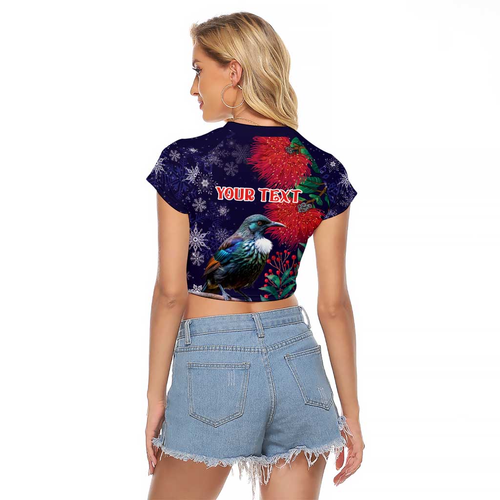 Tui Meri Kirihimete Personalised Raglan Cropped T Shirt Pohutukawa Flowers Blue Motif - Aussie Hoodie