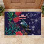 Tui Meri Kirihimete Personalised Rubber Doormat Pohutukawa Flowers Blue Motif - Aussie Hoodie