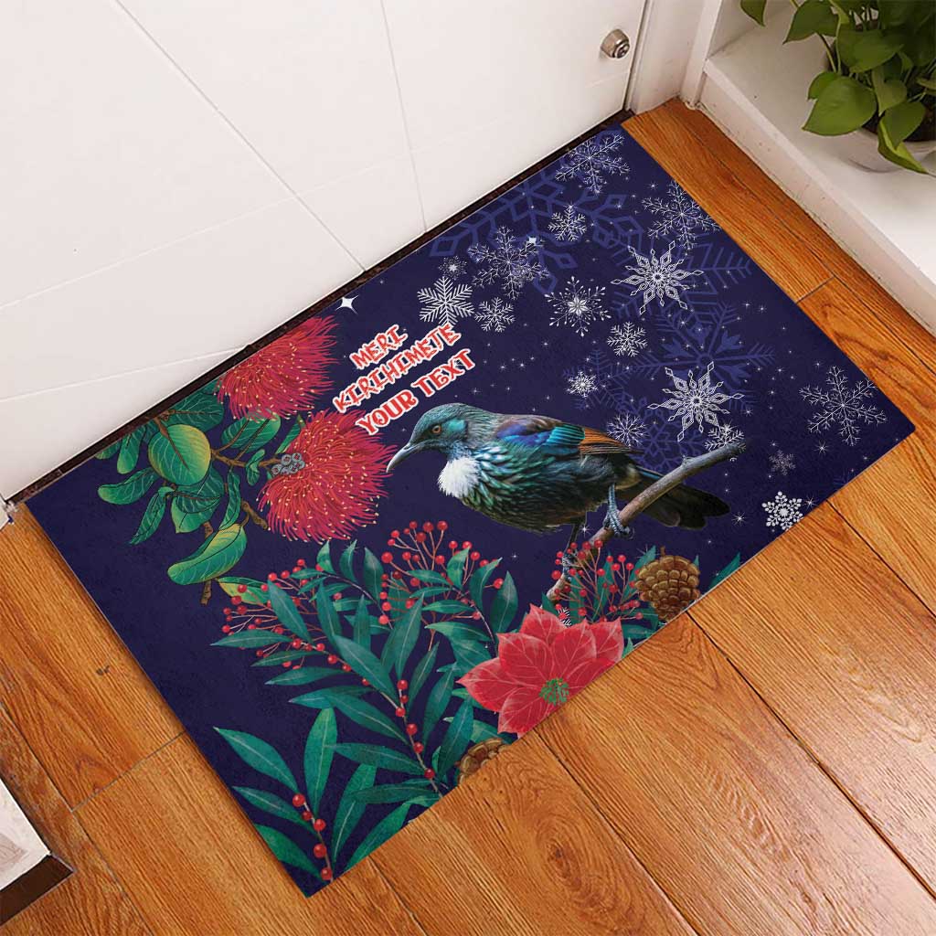 Tui Meri Kirihimete Personalised Rubber Doormat Pohutukawa Flowers Blue Motif - Aussie Hoodie