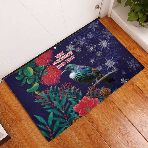Tui Meri Kirihimete Personalised Rubber Doormat Pohutukawa Flowers Blue Motif - Aussie Hoodie