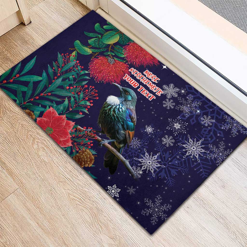 Tui Meri Kirihimete Personalised Rubber Doormat Pohutukawa Flowers Blue Motif - Aussie Hoodie
