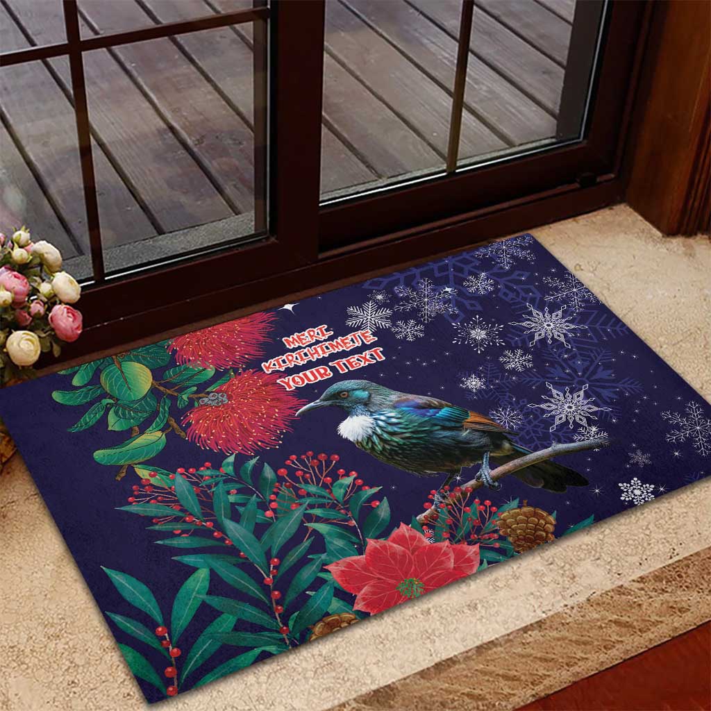 Tui Meri Kirihimete Personalised Rubber Doormat Pohutukawa Flowers Blue Motif - Aussie Hoodie